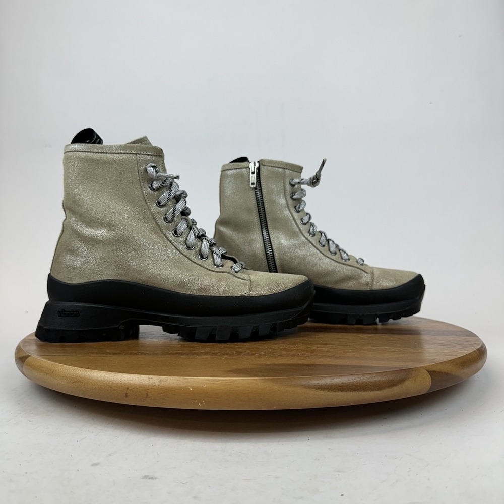 Womens P448 Denis Beige‎ Glitter Leather Platform Lug Sole Combat Boots Size 36
